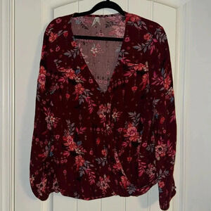 MUDD FLORAL LONG SLEEVE Blouse, Crossover Design, Maroon, Floral, Sz XL